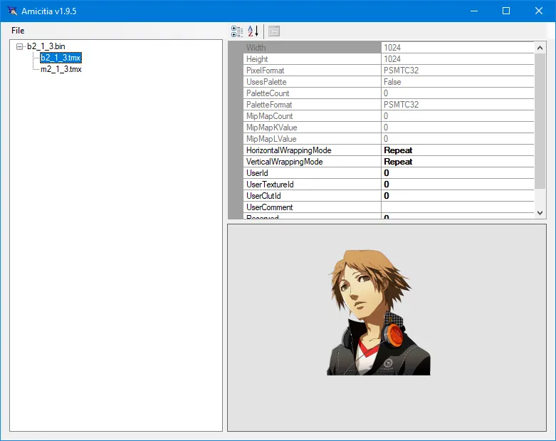 A screenshot of Amicitia with b2_1_3.bin opened and the character's bustup file selected