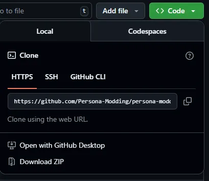 A screenshot of the code cloning menu on github