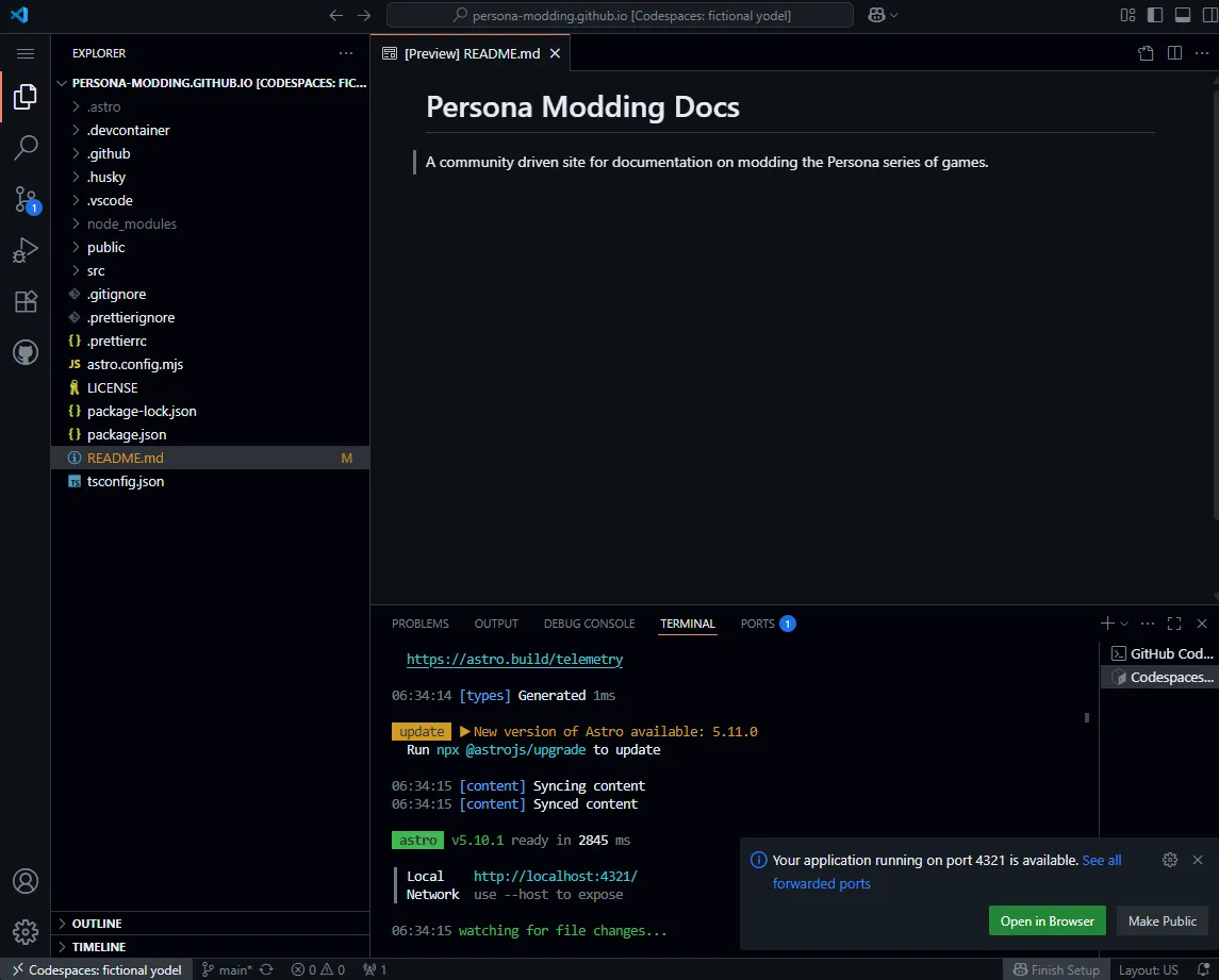 A screenshot of the initial codespace website