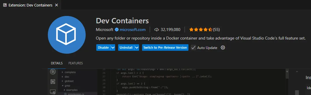 A screenshot of the dev containers extension
