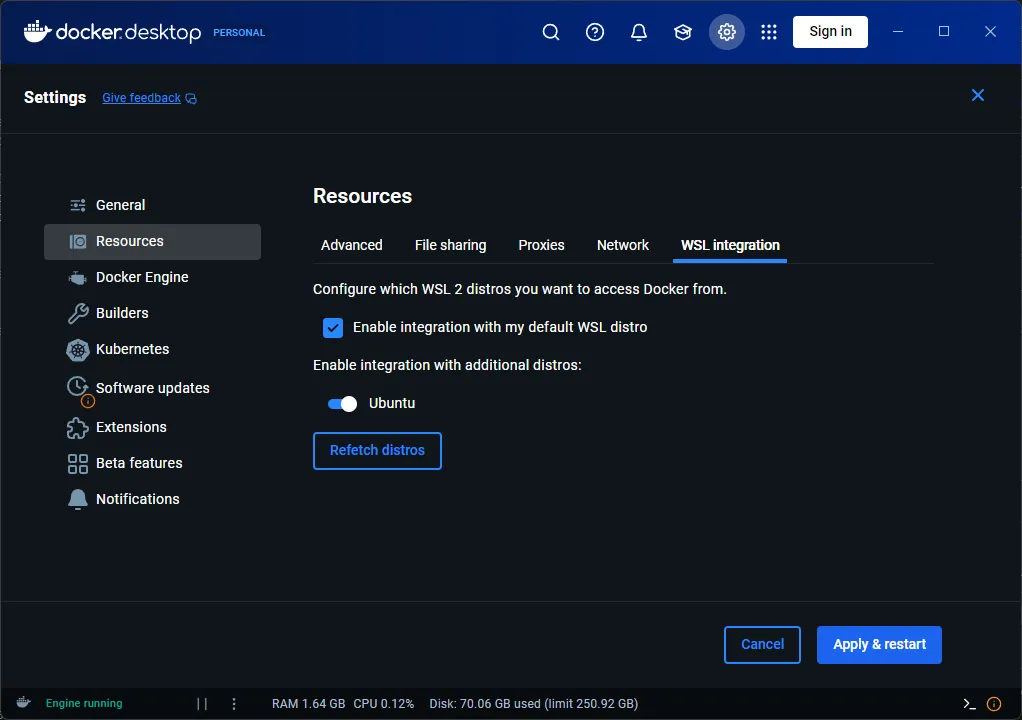 A screenshot of docker desktop showing the WSL Integration setting