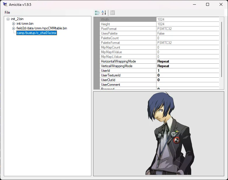 A screenshot of Amicitia with init_2.bin opened and the character's bustup file selected