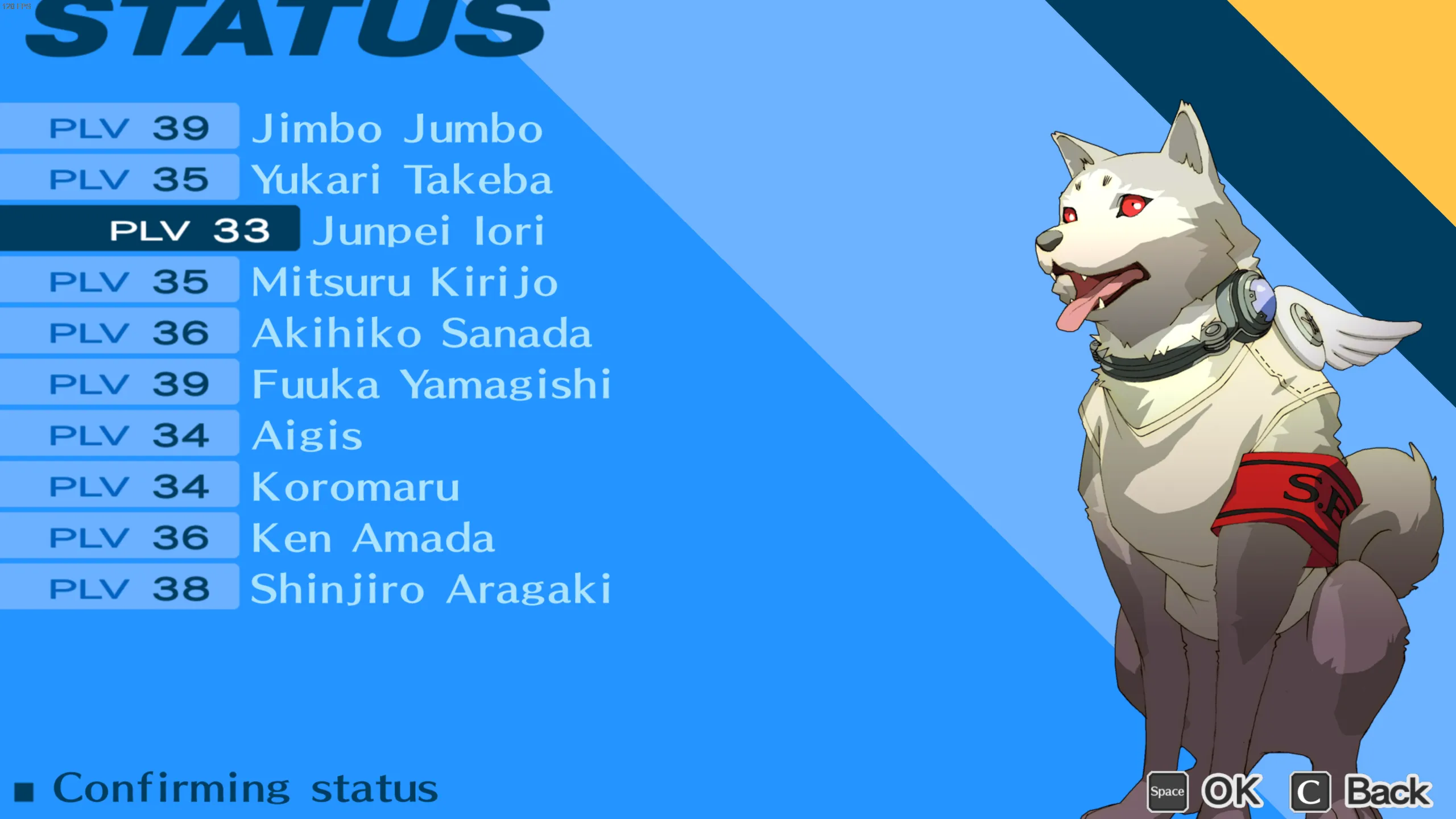 A screenshot of the status menu in P3P with Junpei selected and Koromaru's bustup displayed