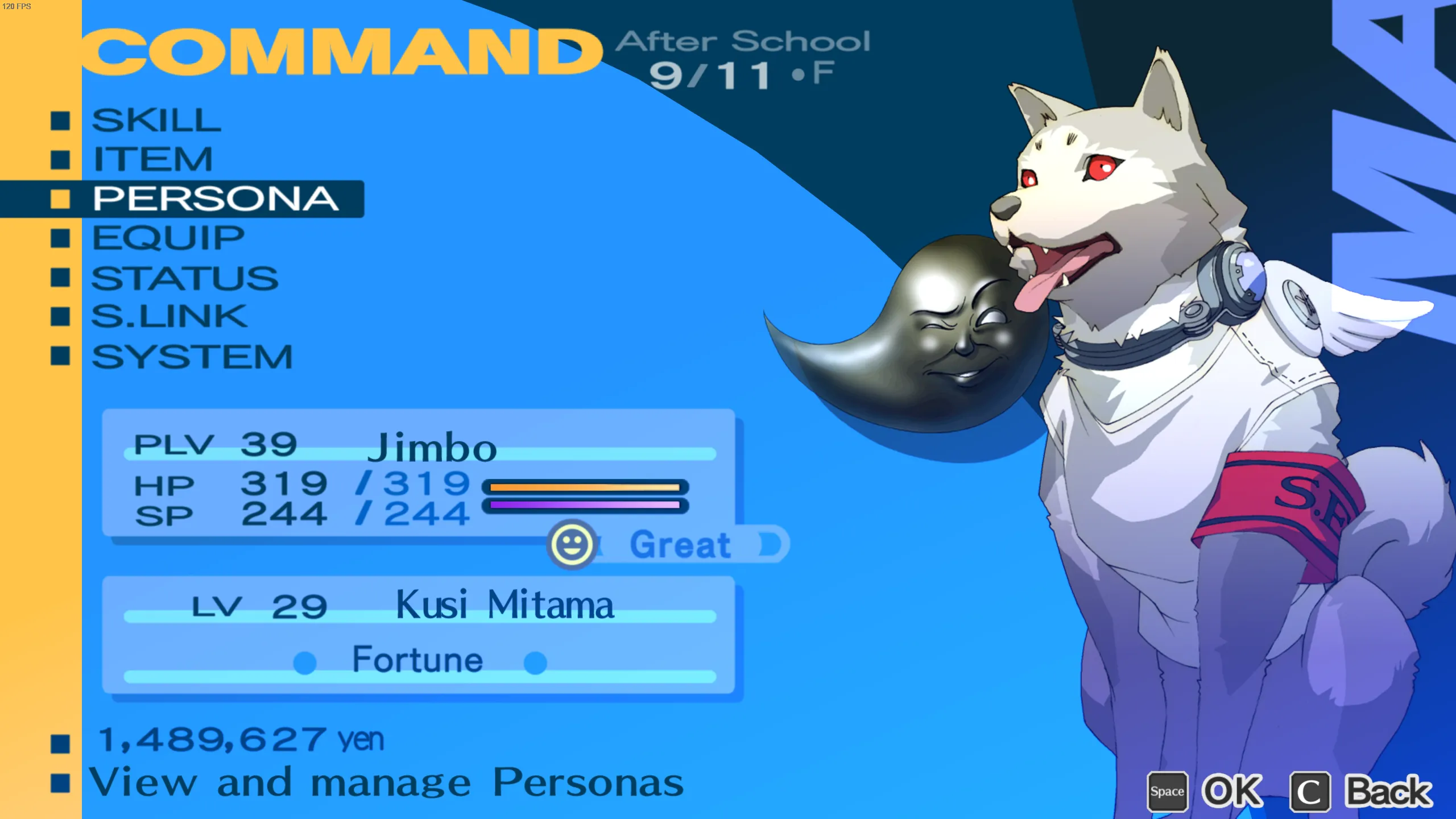A screenshot of the command menu in P3P with Koromaru's bustup shown instead of the protagnosit's
