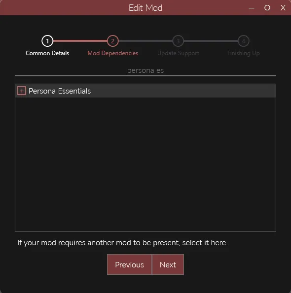 A screenshot of the dialog for setting mod dependencies in Reloaded, with Persona Essentials selected (with a red cross next to it)