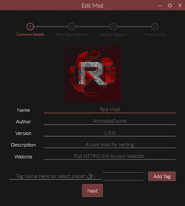 A screenshot of the dialog for entering basic details of a new mod in Reloaded