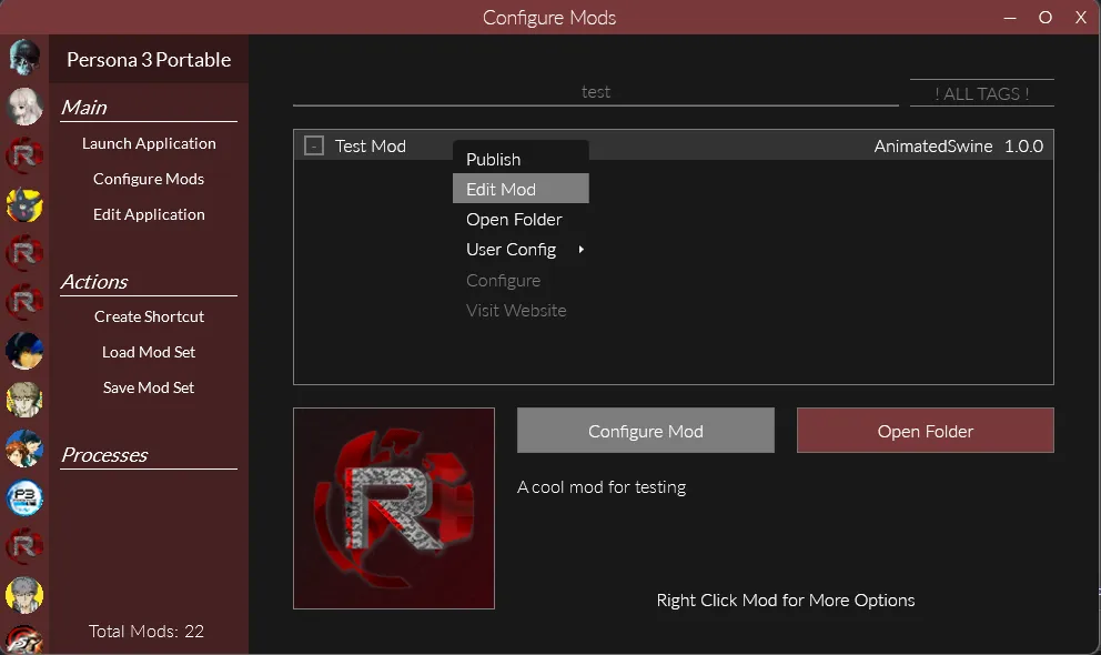 A screenshot of the new mod in the mod list for Persona 3 Portable in Reloaded, with the contex menu showing the Edit Mods button