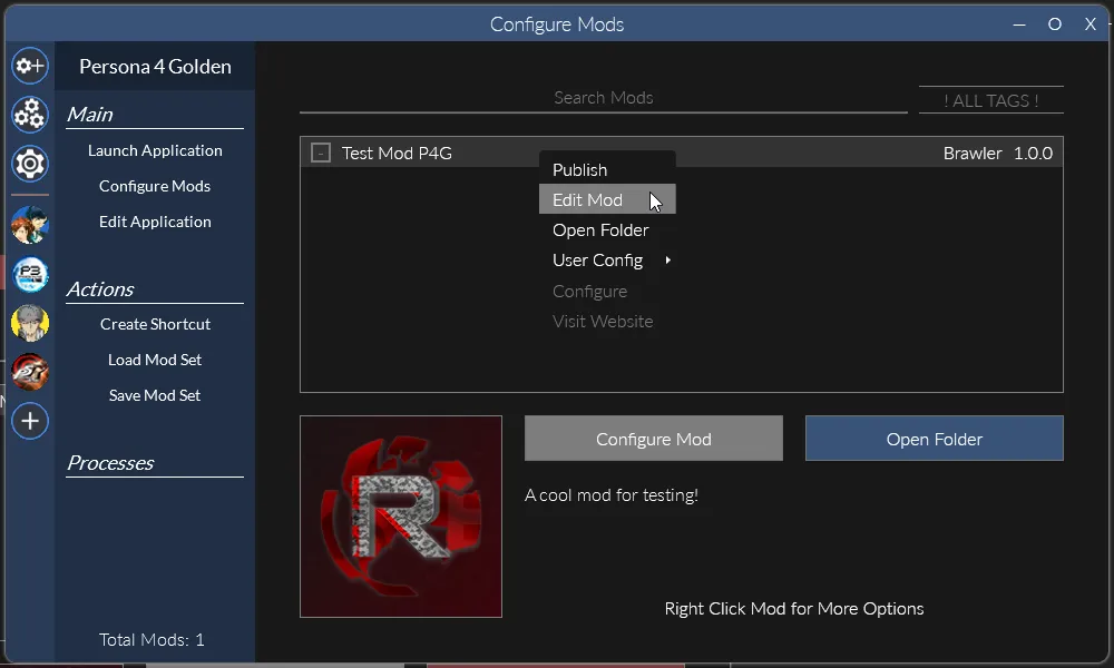 A screenshot of the new mod in the mod list for Persona 3 Portable in Reloaded-II, with the contex menu showing the Edit Mods button