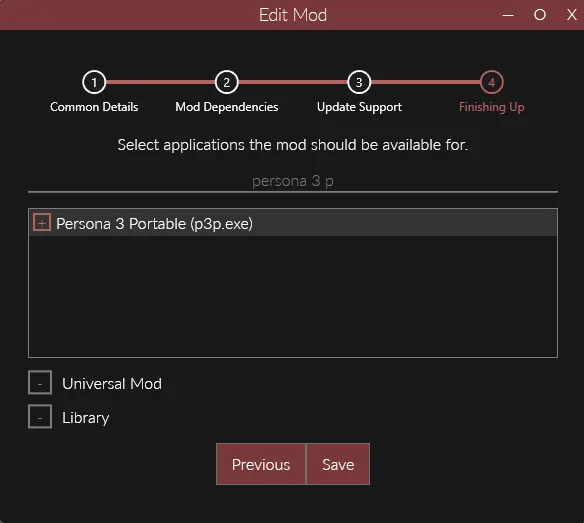 A screenshot of the dialog for setting the game a new mod applies to in Reloaded, with Persona 3 Portable selected (with a red cross next to it)