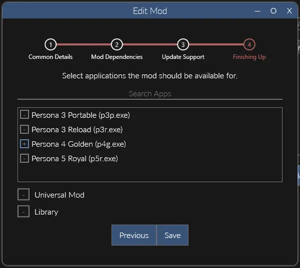 A screenshot of the dialog for setting the game a new mod applies to in Reloaded-II, with Persona 3 Portable selected (with a red cross next to it)