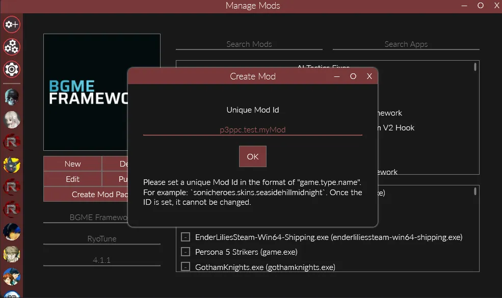 A screenshot of the dialog for entering a new mod's id in Reloaded
