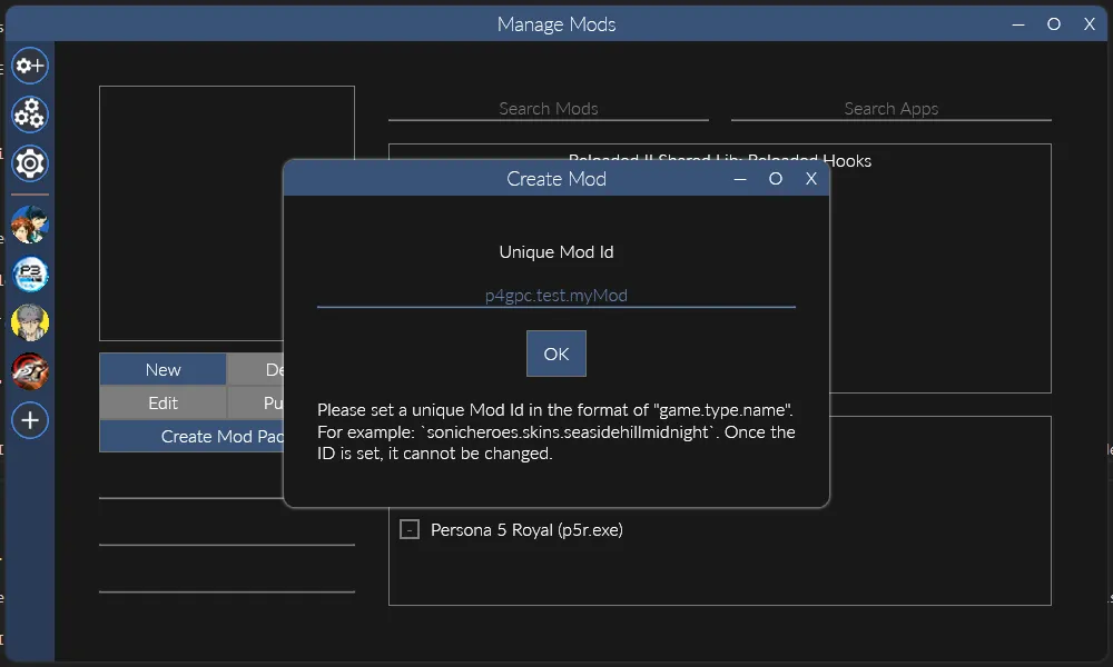 A screenshot of the dialog for entering a new mod's ID in Reloaded-II