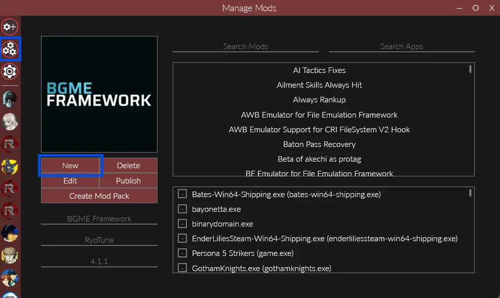 A screenshot of the manage mods tab in Reloaded with the New button highlighted