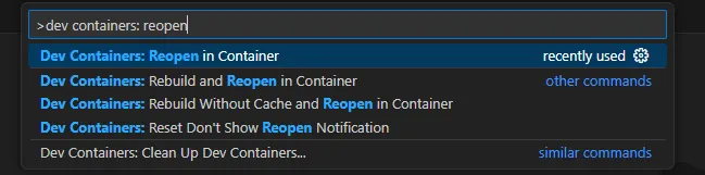 A screenshot of the Reopen In Container command in the vs code command palette