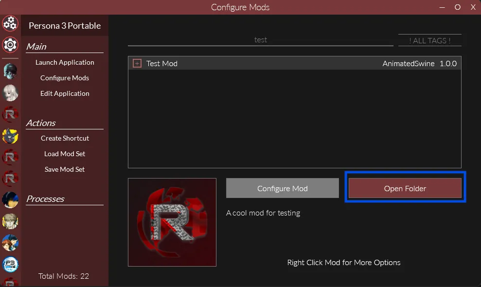 A screenshot of a test mod selected in reloaded with the Open Folder button highlighted