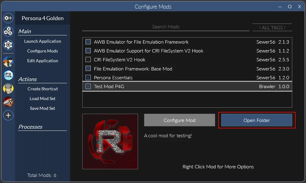 A screenshot of a test mod selected in Reloaded-II with the Open Folder button highlighted