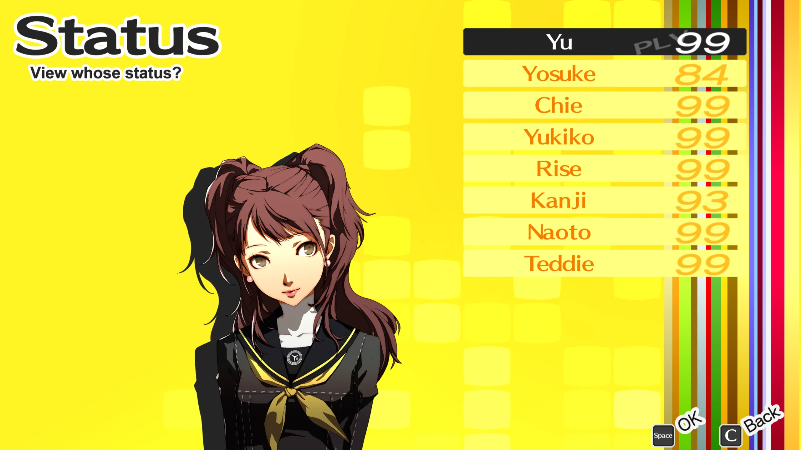 A screenshot of the status menu in P4G with the protagonist selected and Rise's bustup displayed